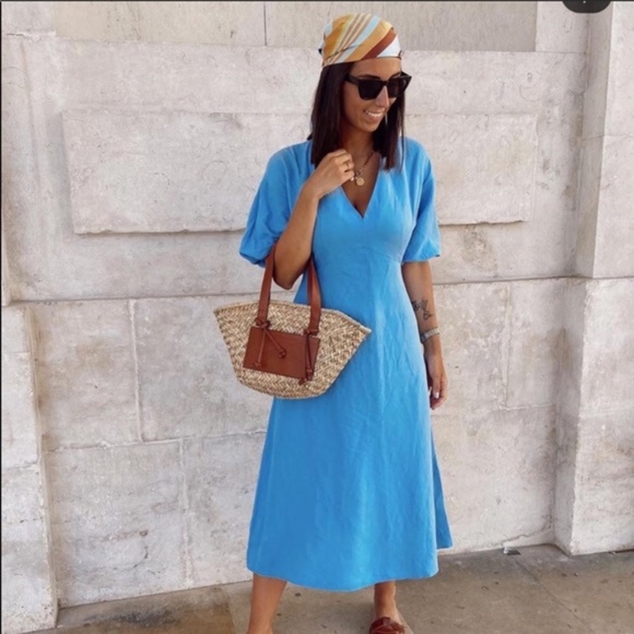 💧Zara Sky Blue Voluminous Rustic Dress NWT💧 - Picture 6 of 15